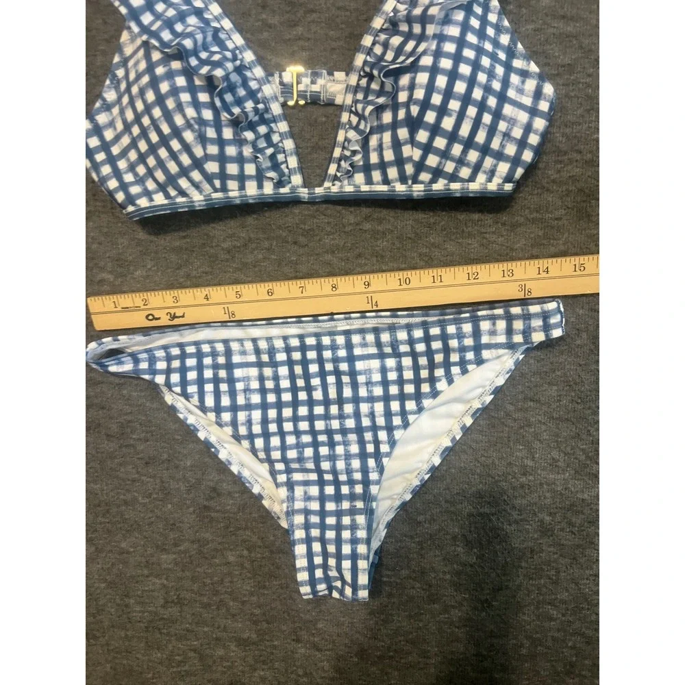 Southern Tide Blue Gingham Ruffle Bikini Set Top S Bottom XS Style 9228 9227